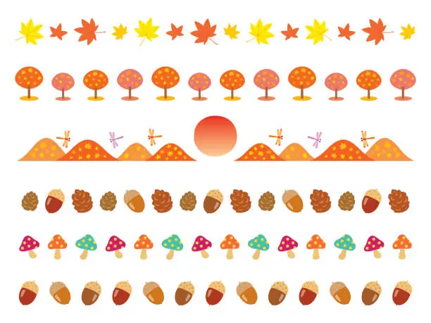 Vector illustration of Line of maple leaves, mountains and acorns.