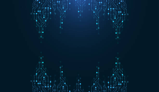 Modern technology circuit board texture background design. Quantum computer technologies concepts, large data processing. Futuristic blue circuit board background. Minimal vector motherboard Modern technology circuit board texture background design. Quantum computer technologies concepts, large data processing. Futuristic blue circuit board background. Minimal vector motherboard. semiconductor wafer stock illustrations