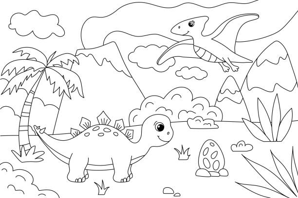 ilustraciones, imágenes clip art, dibujos animados e iconos de stock de libro para colorear para niños con lindos dinosaurios - drawn learn dinosaur