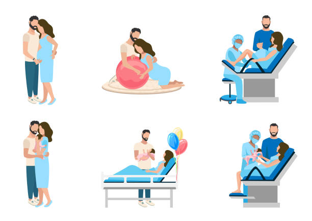 childbirth vector set Partner childbirth vector set. The husband supports his wife during labor and childbirth. Pregnant in the delivery room. The paradise of the birth of a child. Obstetrics and gynecology. pregnancy and childbirth stock illustrations