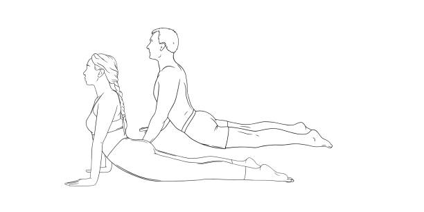 ilustraciones, imágenes clip art, dibujos animados e iconos de stock de yoga cobra pose o bhujangasana. mujer y hombre practicando yoga fuerte posan. ilustración vectorial dibujada a mano - yoga posture dog cobra