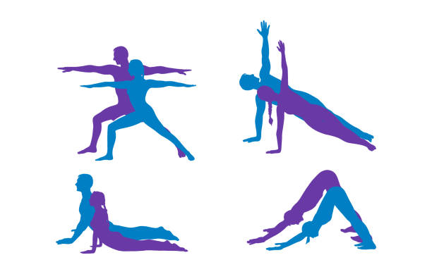 Yogi couple in warrior, dog, cobra and side plank. Woman and man silhouettes practicing strengthing yoga poses. Hand drawn vector illustration Yoga warrior, dog, cobra and side plank. Woman and man silhouettes strengthing yoga poses. Hand drawn vector illustration isolated on white background warrior position stock illustrations