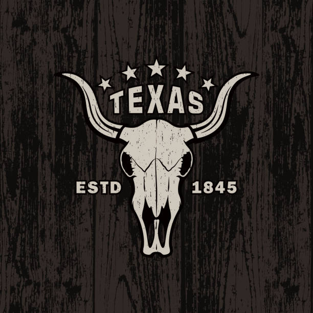 istock Colored illustration of a bull skull, text and stars on a background with a wood texture. 1327482754