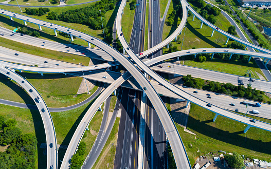 Aerial drone views above huge highway interchange in Austin texas USA