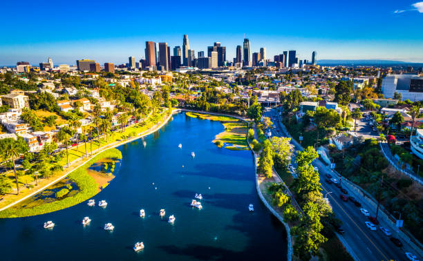 Echo Lake cityscape over Los Angeles California Aerial drone views above a gorgeous perfect summer day in Los Angeles California USA with Cityscape Skyline background los angeles county stock pictures, royalty-free photos & images