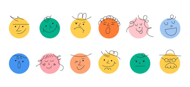 Round abstract comic Faces with various Emotions. Round abstract comic Faces with various Emotions. Crayon drawing style. Different colorful characters. Stickers for websites and social network. Hand drawn flat Linear vector set on a white background feelings stock illustrations
