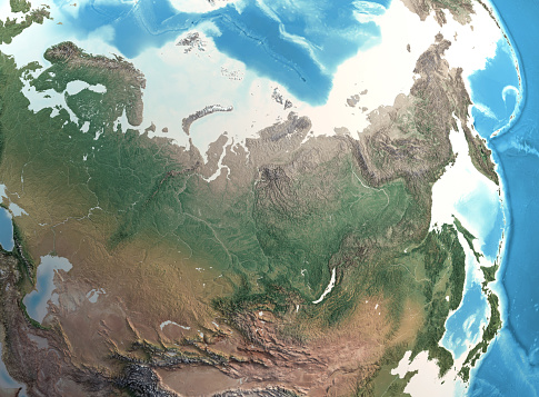 Physical map of North Asia, Siberia and Russia, with high resolution details. Satellite view of Planet Earth, its geography and topography. 3D illustration (Blender software), elements of this image furnished by NASA (https://eoimages.gsfc.nasa.gov/images/imagerecords/73000/73776/world.topo.bathy.200408.3x5400x2700.jpg)