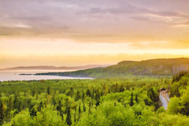 Scenic view of Kama Bay, also known as Land of Nipigon in north shore of Lake Superior and Trans Canada Railway in Kama Hill Lookout in Ontario, Canada