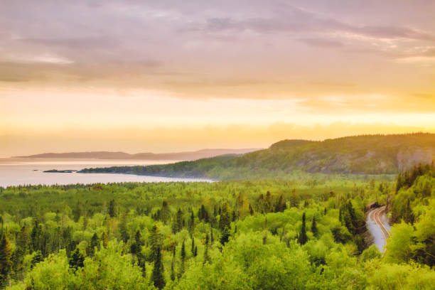 Lake Superior North Shore Landscape Scenic view of Kama Bay, also known as Land of Nipigon in north shore of Lake Superior and Trans Canada Railway in Kama Hill Lookout in Ontario, Canada northern ontario stock pictures, royalty-free photos & images
