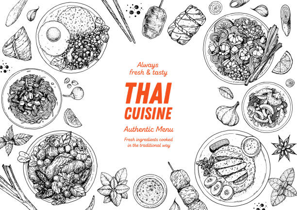 Thai food top view vector illustration. Food menu design template. Hand drawn sketch. Thai food menu. Vintage style Thai food top view vector illustration. Food menu design template. Hand drawn sketch. Thai food menu. Vintage style pad thai stock illustrations