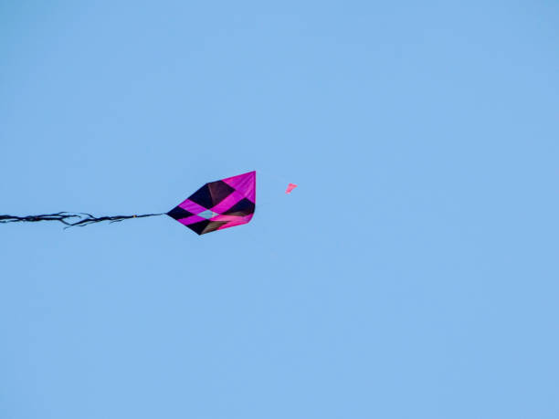 istock Black and pink kite flying against blue sky 1327494019