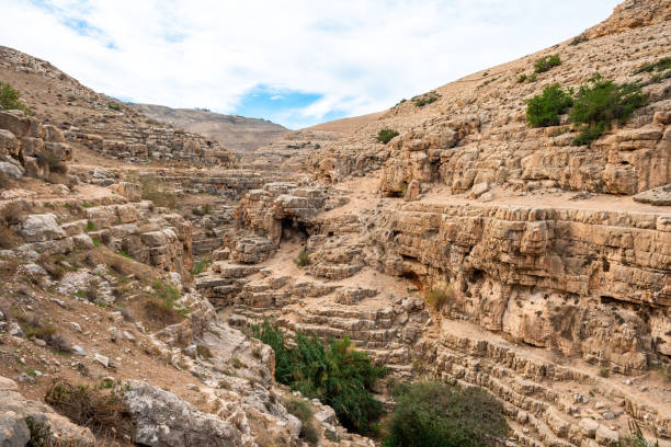 rio prat em israel. vale wadi qelt na cisjordânia, - dead - fotografias e filmes do acervo