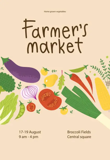 Vector illustration of Farmers market poster design. Fresh local vegetables in trendy flyer for food festival.