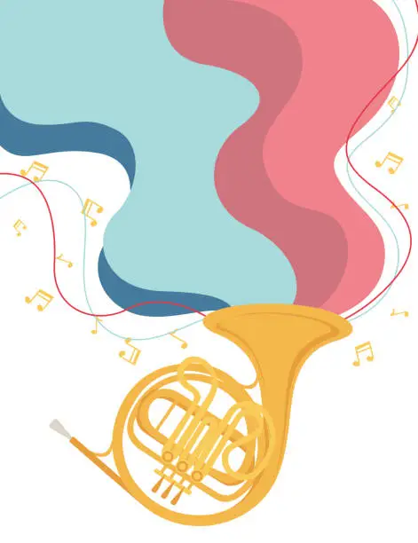 Vector illustration of Classical French horn musical instrument with flowing musical notes flat vector illustration