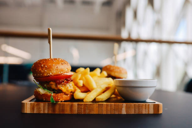 Burger and French fries in the restaurant.