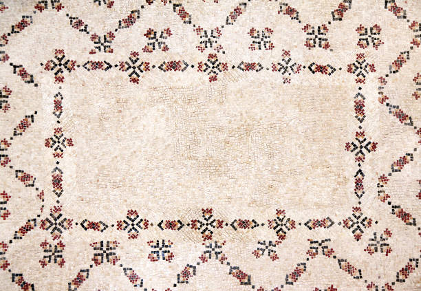 Horizontal ancient byzantine natural stone tile mosaics with floral ornament and geometrical frame. Copy space for text. Mock up template