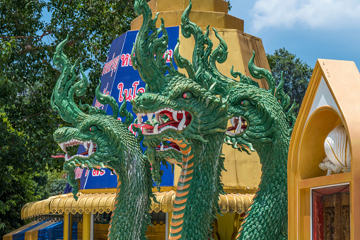 Dragons before the new Chedi, Tiger Cave Temple, Wat Tham Sua, Krabi, Thailand, Asia