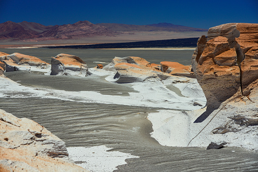 The surreal white pumice volcanic landscape of the Campo de Piedra Pomez , El Peñon, Catamarca, northwest Argentina