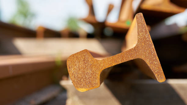istock Close up of a rusty railroad rail in a storage yard 1327502541