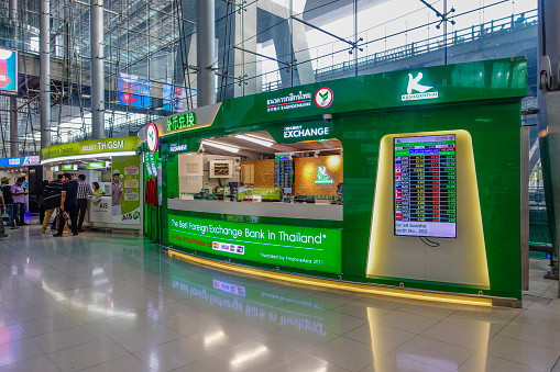 Travelers in Suvarnabhumi Airport informed about the exchange rate, Bangkok, Thailand