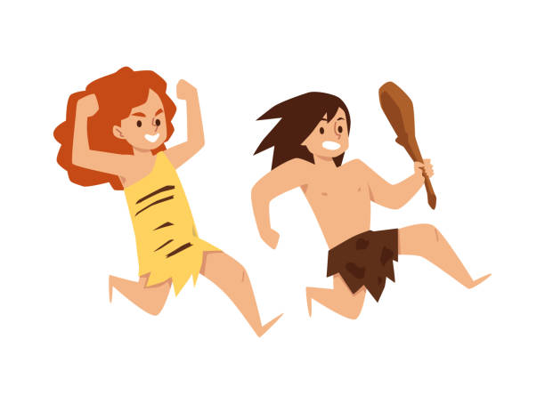 Primitive stone age period children hunting, flat vector illustration isolated. Primitive stone age historical period cartoon children hunting, flat vector illustration isolated on white background. Neanderthal little boy and girl with weapon. stone age stock illustrations