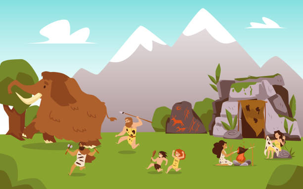 Life tribal of primitive cave people in stone age. Men hunting on mammoth, women sewing and cooking at fire, kids playing. Flat cartoon vector illustration.