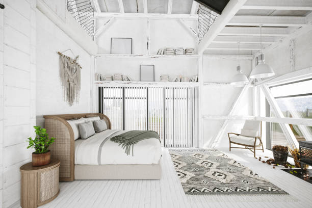 istock Scandinavian Boho Style Bedroom Interior 1327504142