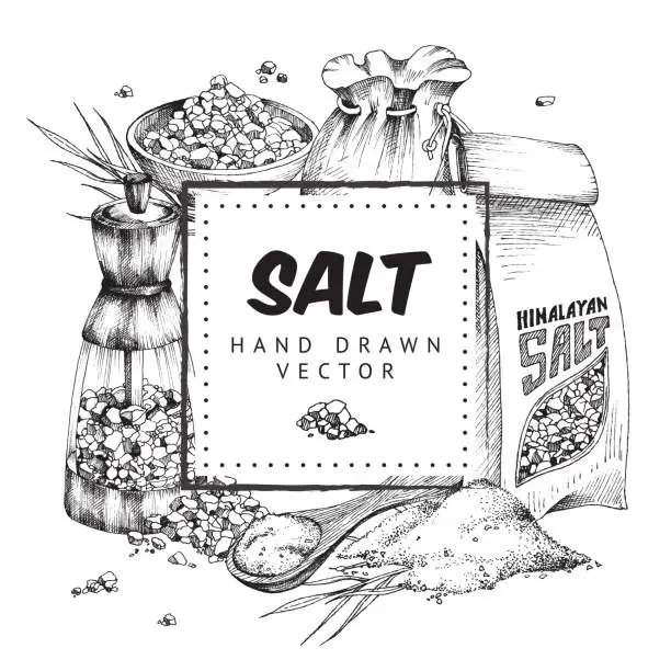 Vector illustration of Label with salt elements a vector illustration in engraved style.