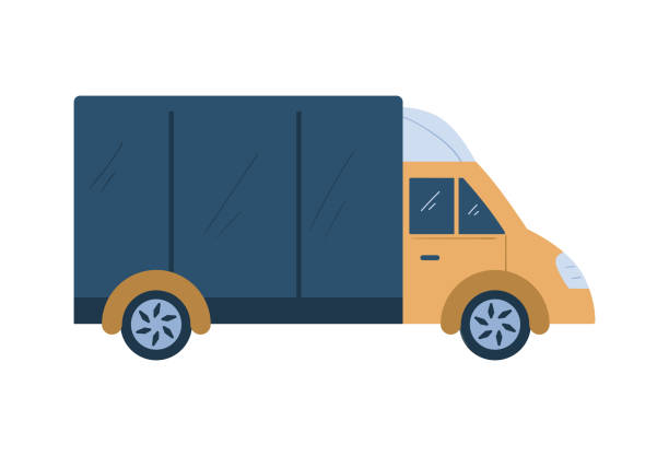 fracht-van oder lkw-cartoon-symbol, flache vektor-illustration isoliert auf weiß. - truck moving van moving house box stock-grafiken, -clipart, -cartoons und -symbole