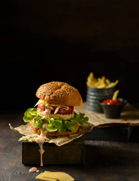 Burger with vegetarian soy patty and French fries