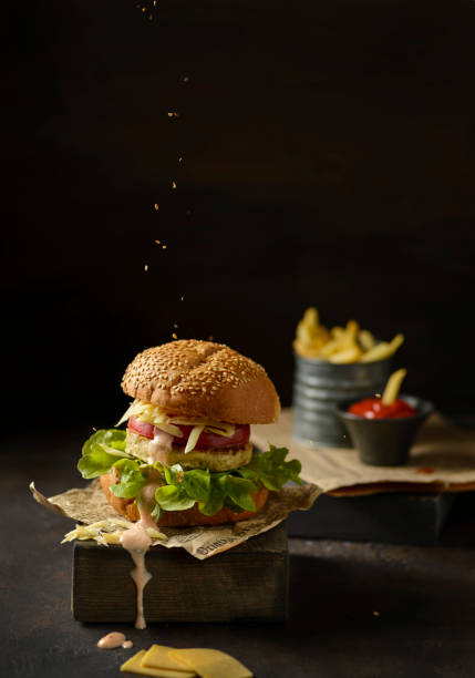 Burger with vegetarian soy patty and French fries