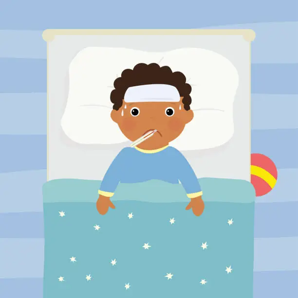 Vector illustration of Cartoon sick boy with high fever. African American child is sick with flu or coronavirus. Kid with thermometer in her mouth. Schoolboy lying in bed, top view.