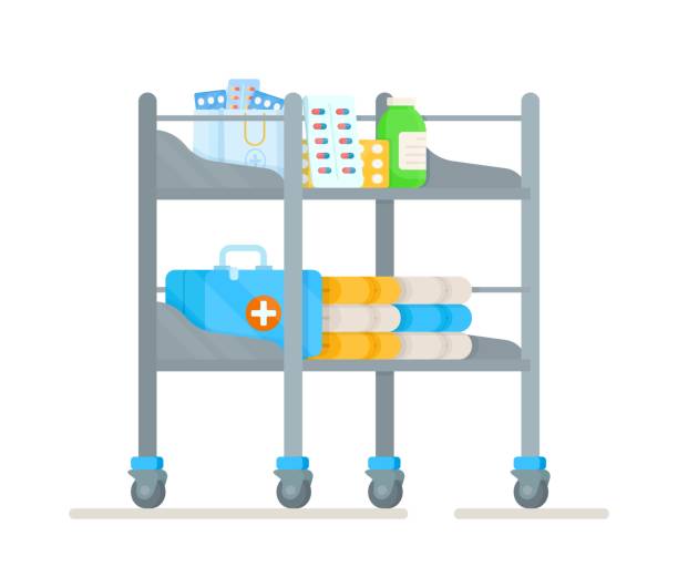 Vector illustration of an isolated table with pills, medicine and syringes. Preparation for surgery. Shelves for medical drugs in the hospital. Vector illustration of an isolated table with pills, medicine and syringes. Shelves for medical drugs in the hospital. Preparation for surgery. Surgery department. Nurse's or nurse's medicine cabinet. medication carts stock illustrations