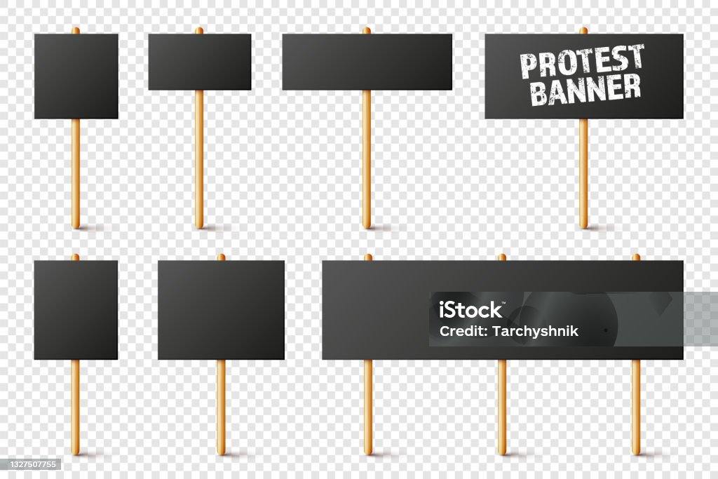 Protest Sign Boards Drawing Blank Black Protest Signs With Wooden Holder Realistic Vector ...