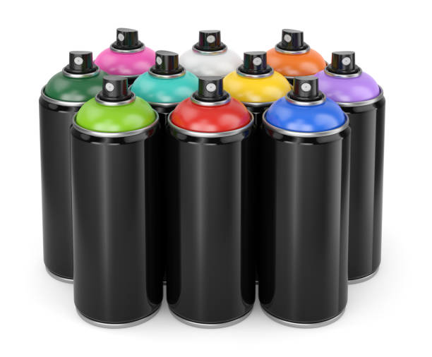 istock Group of metal spray paint cans isolated on white 1327508892