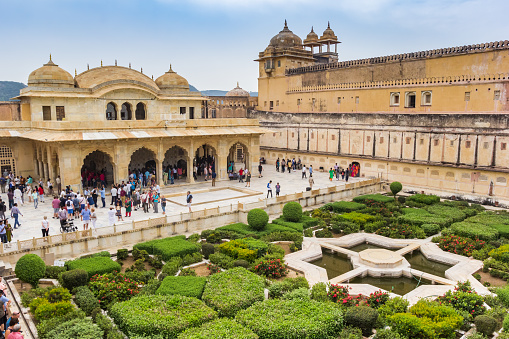 Sheesh Mahal building and garden at the Amber Fort in Jaipur, India