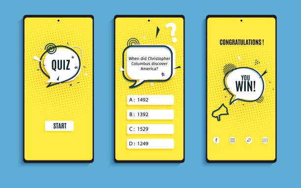 ilustrações, clipart, desenhos animados e ícones de quiz interface de jogo on-line no estilo de corte de papel. modelo de arte de papel de aplicativo móvel de cor amarela e preta. design de aplicativo para smartphones de interface do usuário. conjunto de telas planas vetoriais jogo questionário - curiosidade