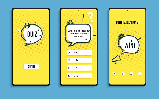 Quiz online game interface in paper cut style. Yellow and black color trivia mobile app papercut art template. UI smartphone application design. Set of vector flat screens questionnaire game.