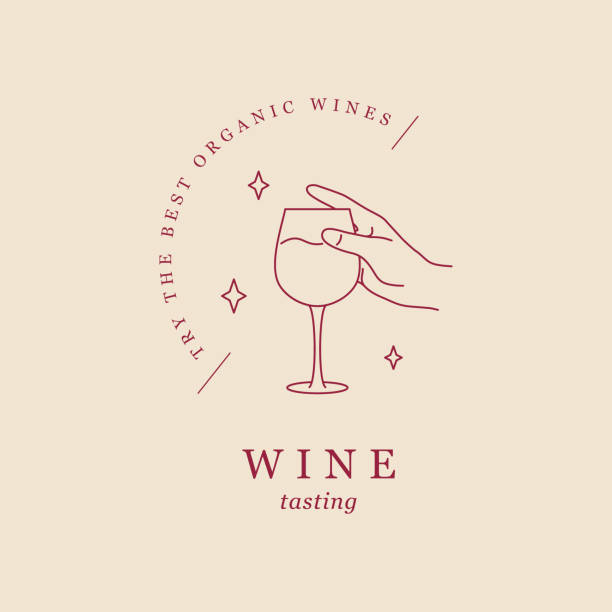 illustrations, cliparts, dessins animés et icônes de conception de ligne minimaliste de verre à vin dans une main. emblème du bar à vin vector. - glass of wine