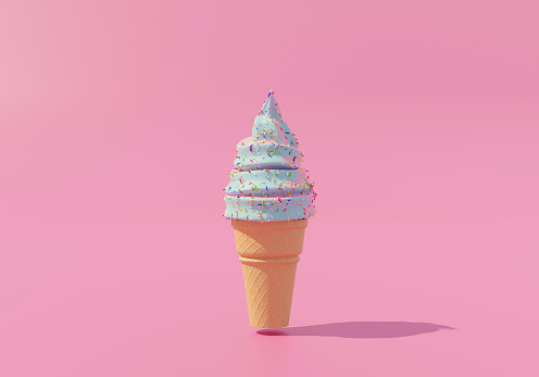 3D rendering Waffle cone ice cream Peppermint flavor with strawberry flavor