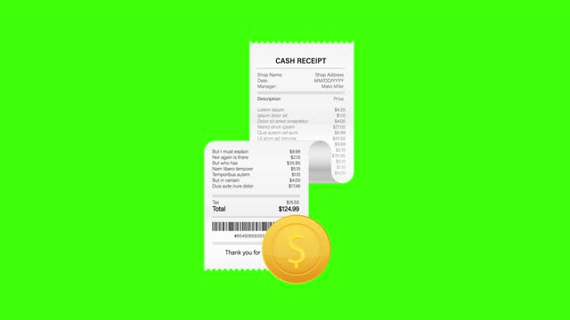Receipts  illustration of realistic payment paper bills for cash or credit card transaction. Motion graphics.