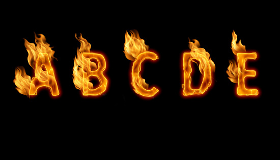 3d alphabet, letters made of Fire, ABCDE, 3d rendering