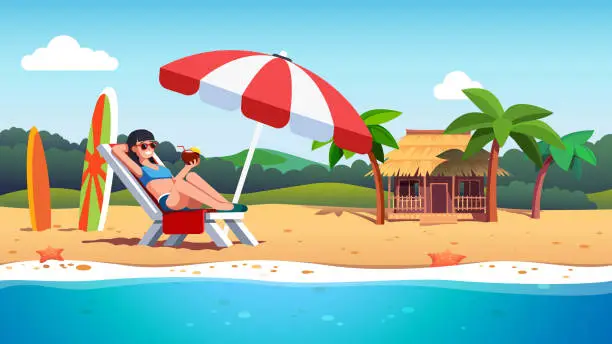 Vector illustration of Tourist woman lying on deck chair sunbathing under beach umbrella drinking coconut juice cocktail. Sea shore with palms exotic hut house hotel. Summer vacation resort flat vector isolated illustration