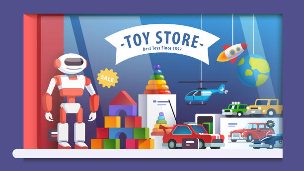 Robot, cars, pyramid, helicopter, rocket, blocks in boy toy store window. Colourful storefront display decoration. Childhood, children goods sale shop market. Flat vector isolated illustration Robot, cars, pyramid, helicopter, rocket, blocks in boy toy store window. Colourful storefront display decoration. Childhood, children goods sale shop market. Flat style vector isolated illustration block cube pyramid built structure stock illustrations