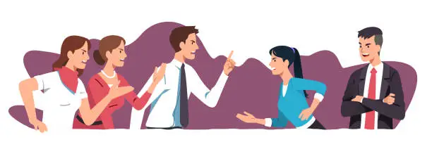 Vector illustration of Angry business men, women colleagues team arguing having dispute fight. Managers people discuss business issues, shout, gesture. Disagreement, conflict, teamwork problem flat vector illustration