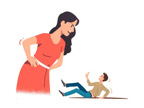 Vector illustration of Big domineering angry wife woman scolding husband man lying on floor. Family couple persons quarrelling arguing. Fight conflict, overbearing wife relationship problem concept flat vector illustration