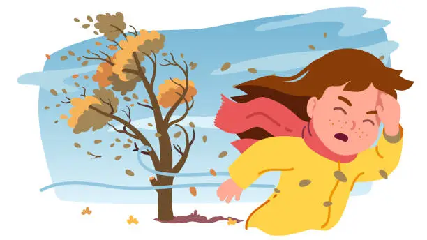 Vector illustration of Autumn strong wind storm. Girl kid person fighting against wind bending tree with flying yellow foliage leaves. Child caught outdoor in stormy weather. Fall season windy day flat vector illustration