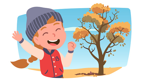 Laughing girl kid enjoying walking in park on sunny autumn day. Happy smiling child person character wearing knitted hat, jacket. Tree with yellow foliage leaves. Fall season weather flat style vector isolated illustration