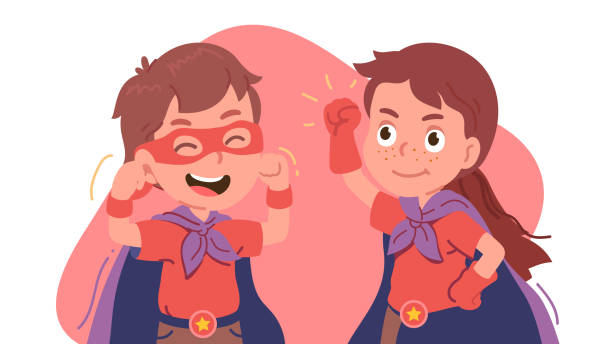 ilustrações de stock, clip art, desenhos animados e ícones de super hero couple, man, woman. kids in heroic costumes showing biceps muscle strength, clenched fists. brave children wearing eye mask, cape playing superheroes. characters flat vector illustration - muscular build bicep women female