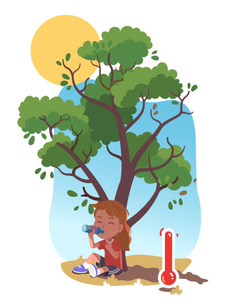 Summer heat. Girl kid sitting hiding under tree shade drinking water from bottle on sunny day. Thirsty person. Thermometer showing summer season hot weather temperature. Flat vector child illustration Summer heat. Girl kid sitting hiding under tree shade drinking water from bottle on sunny day. Thirsty person. Thermometer showing summer season hot weather temperature. Flat style vector child character isolated illustration day drinking stock illustrations